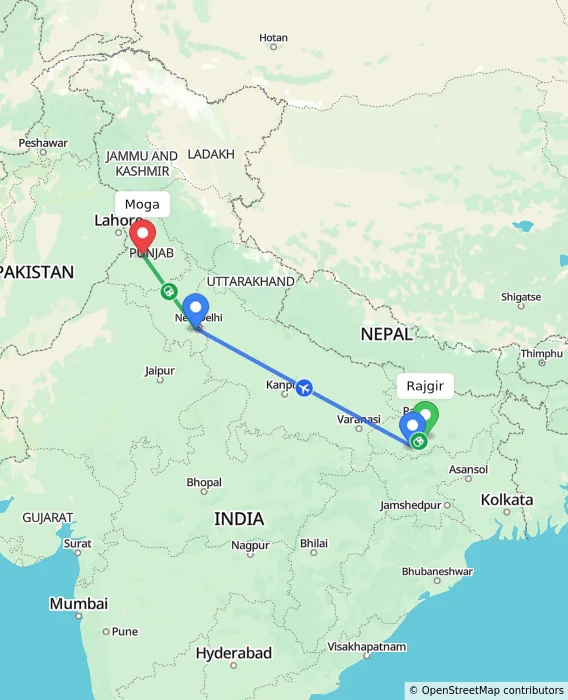 Route map showing distance and travel time from Rajgir, India to Moga, India