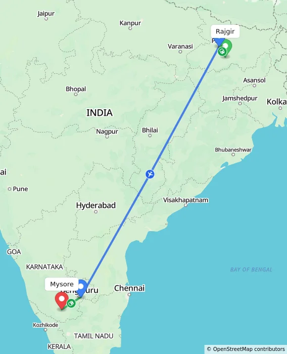 Route map showing distance and travel time from Rajgir, India to Mysore, India