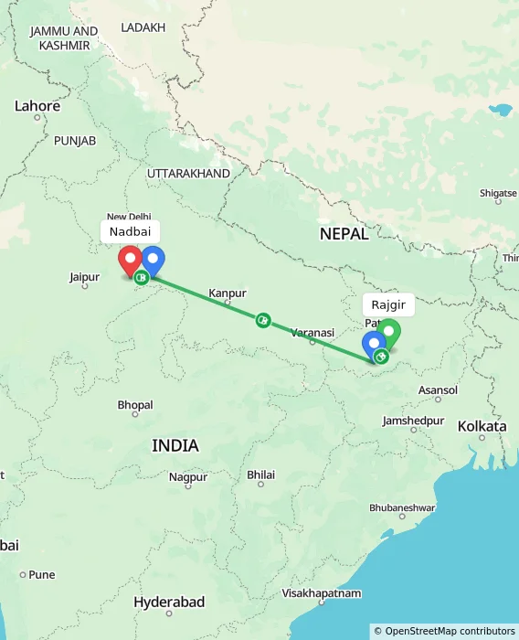 Route map showing distance and travel time from Rajgir, India to Nadbai, India