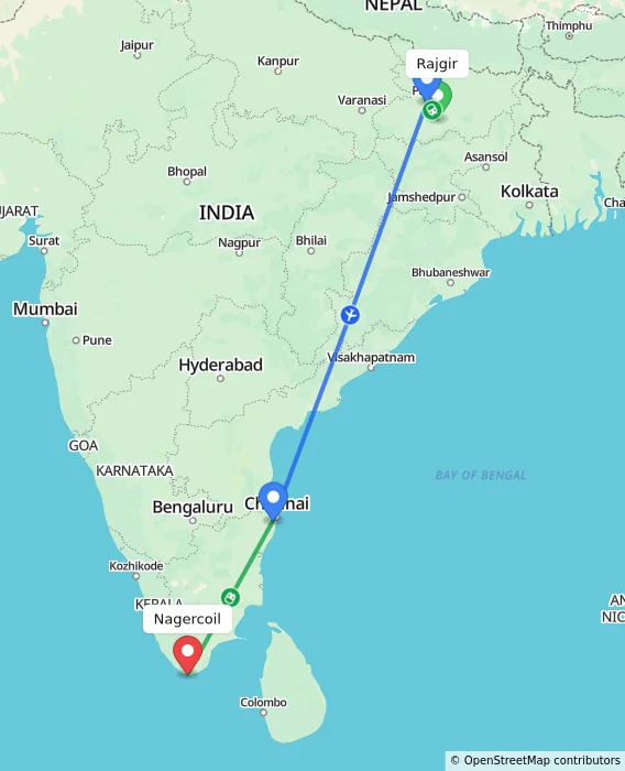 Route map showing distance and travel time from Rajgir, India to Nagercoil, India