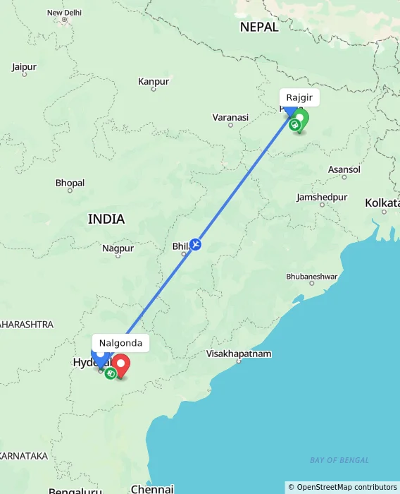 Route map showing distance and travel time from Rajgir, India to Nalgonda, India