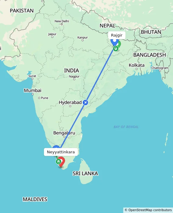 Route map showing distance and travel time from Rajgir, India to Neyyattinkara, India