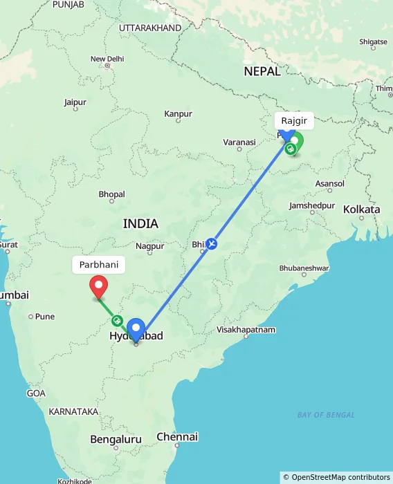 Route map showing distance and travel time from Rajgir, India to Parbhani, India