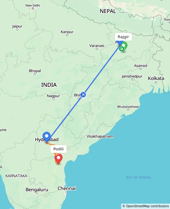 Route map showing distance and travel time from Rajgir, India to Podili, India