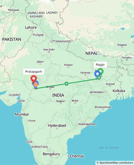 Route map showing distance and travel time from Rajgir, India to Pratapgarh, India