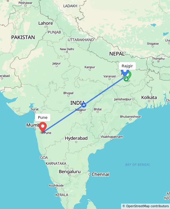 Route map showing distance and travel time from Rajgir, India to Pune, India