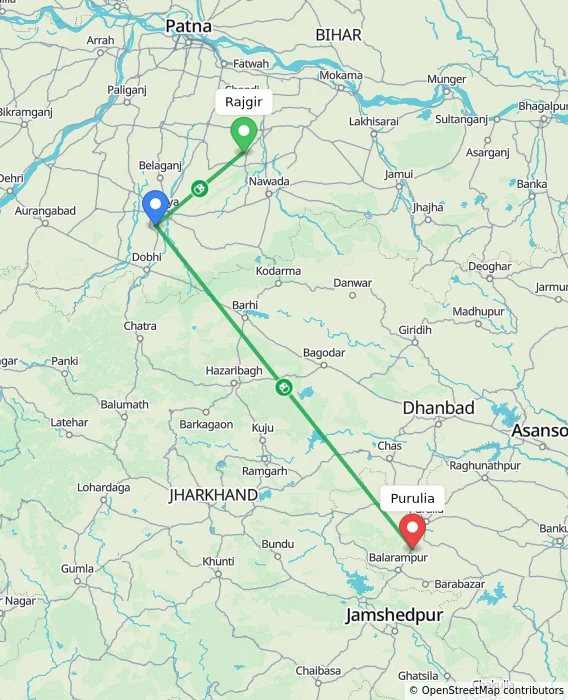 Route map showing distance and travel time from Rajgir, India to Purulia, India