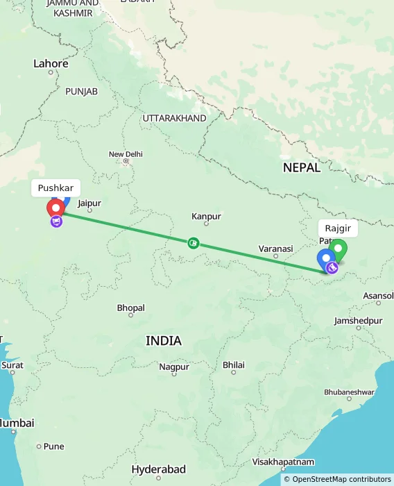 Route map showing distance and travel time from Rajgir, India to Pushkar, India