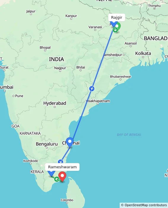Route map showing distance and travel time from Rajgir, India to Rameshwaram, India