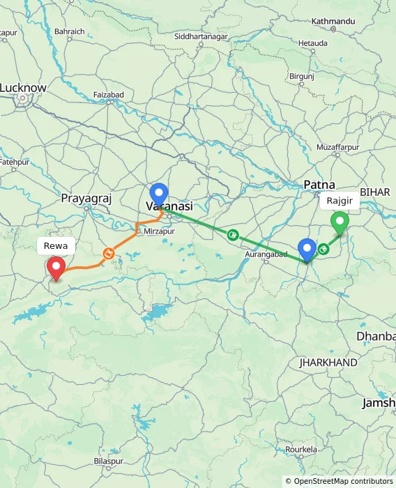 Route map showing distance and travel time from Rajgir, India to Rewa, India