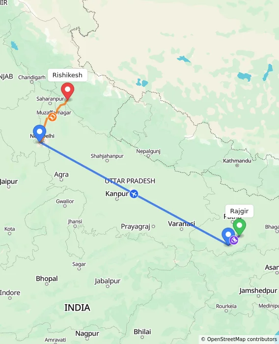 Route map showing distance and travel time from Rajgir, India to Rishikesh, India