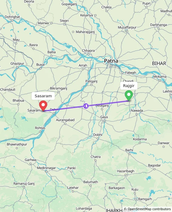 Route map showing distance and travel time from Rajgir, India to Sasaram, India