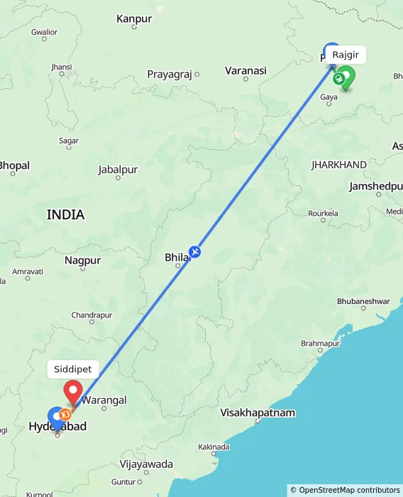 Route map showing distance and travel time from Rajgir, India to Siddipet, India