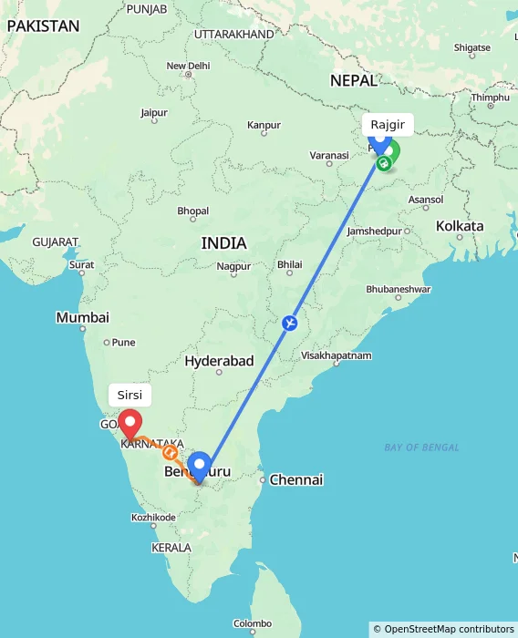 Route map showing distance and travel time from Rajgir, India to Sirsi, India