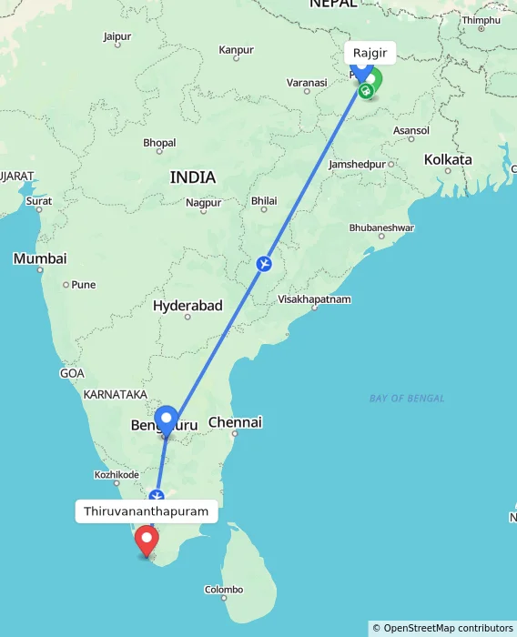 Route map showing distance and travel time from Rajgir, India to Thiruvananthapuram, India