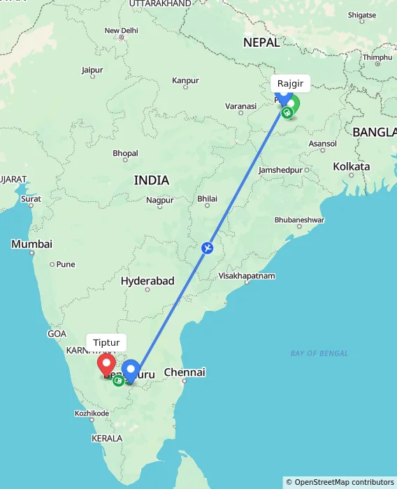 Route map showing distance and travel time from Rajgir, India to Tiptur, India