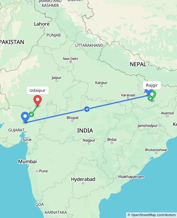 Route map showing distance and travel time from Rajgir, India to Udaipur, India