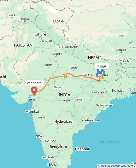 Route map showing distance and travel time from Rajgir, India to Vadodara, India