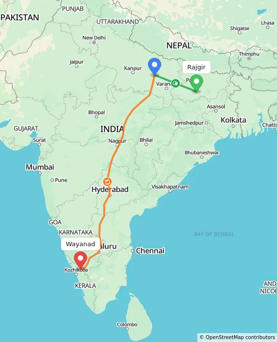 Route map showing distance and travel time from Rajgir, India to Wayanad, India
