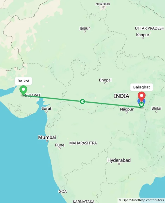 Route map showing distance and travel time from Rajkot, India to Balaghat, India