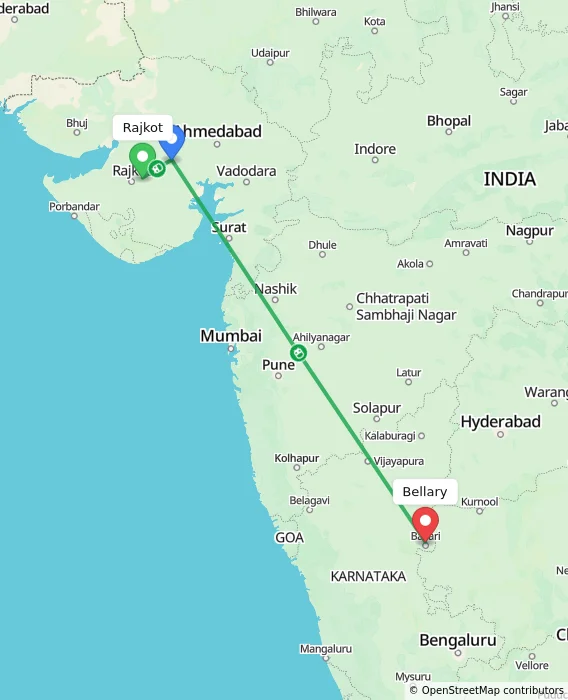 Route map showing distance and travel time from Rajkot, India to Bellary, India