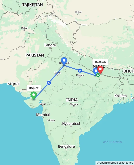 Route map showing distance and travel time from Rajkot, India to Bettiah, India