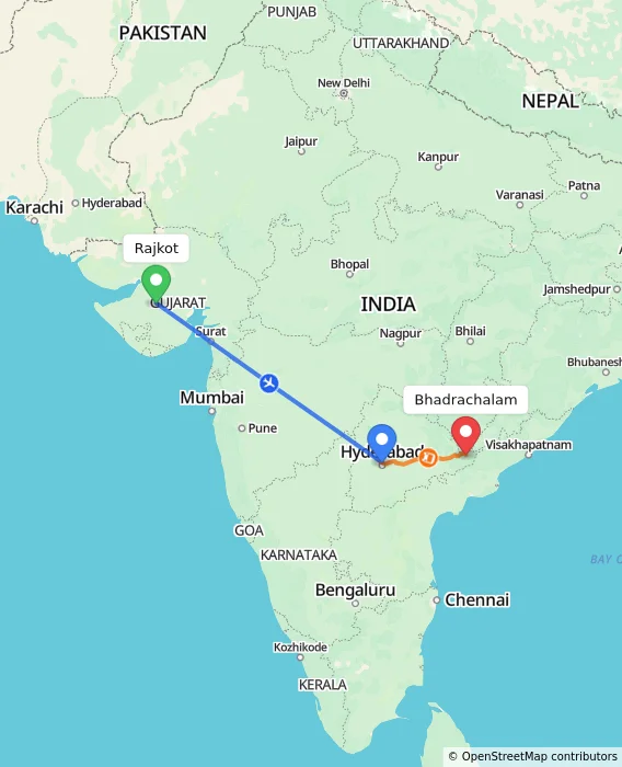 Route map showing distance and travel time from Rajkot, India to Bhadrachalam, India