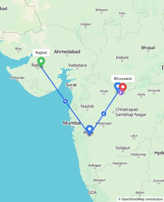 Route map showing distance and travel time from Rajkot, India to Bhusawal, India