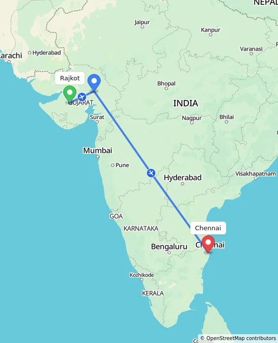 Route map showing distance and travel time from Rajkot, India to Chennai, India