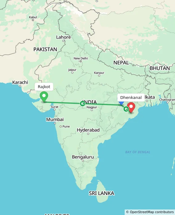 Route map showing distance and travel time from Rajkot, India to Dhenkanal, India