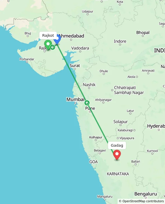 Route map showing distance and travel time from Rajkot, India to Gadag, India