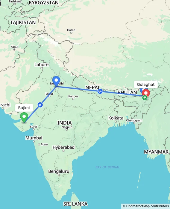 Route map showing distance and travel time from Rajkot, India to Golaghat, India