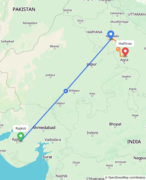 Route map showing distance and travel time from Rajkot, India to Hathras, India