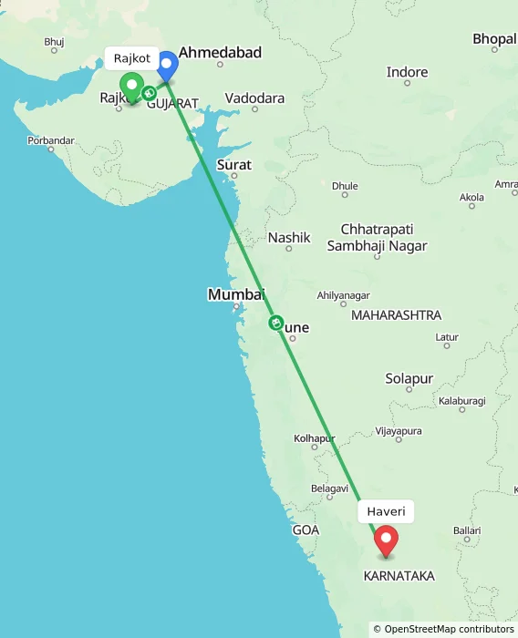 Route map showing distance and travel time from Rajkot, India to Haveri, India