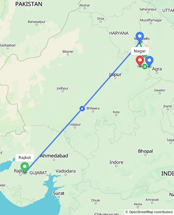 Route map showing distance and travel time from Rajkot, India to Nagar, India