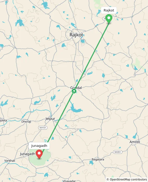 Route map showing distance and travel time from Rajkot, India to Junagadh, India