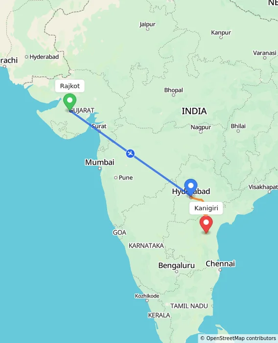 Route map showing distance and travel time from Rajkot, India to Kanigiri, India