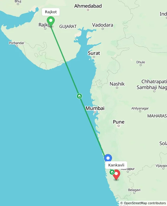 Route map showing distance and travel time from Rajkot, India to Kankavli, India