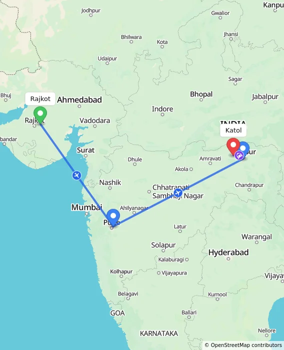 Route map showing distance and travel time from Rajkot, India to Katol, India
