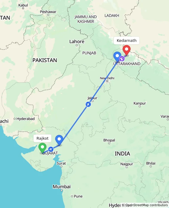 Route map showing distance and travel time from Rajkot, India to Kedarnath, India