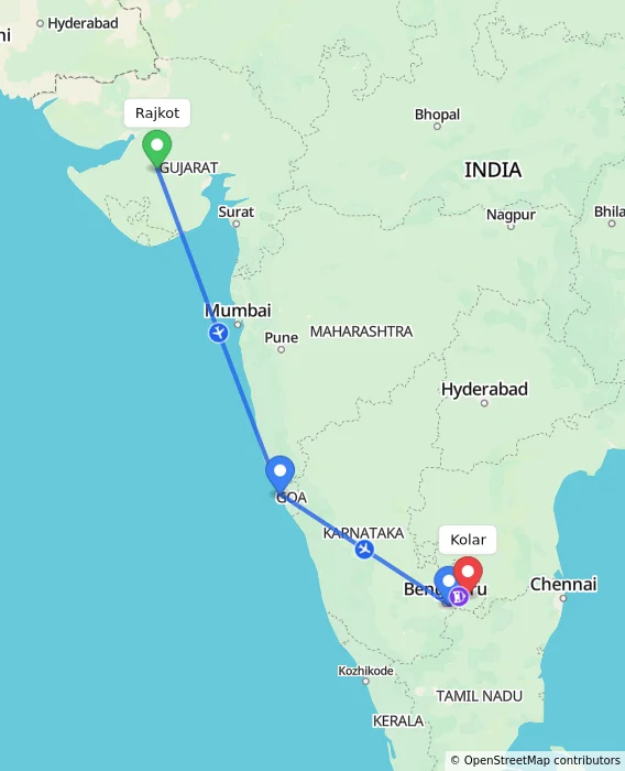 Route map showing distance and travel time from Rajkot, India to Kolar, India