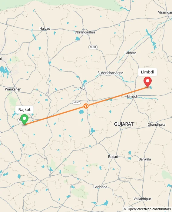 Route map showing distance and travel time from Rajkot, India to Limbdi, India