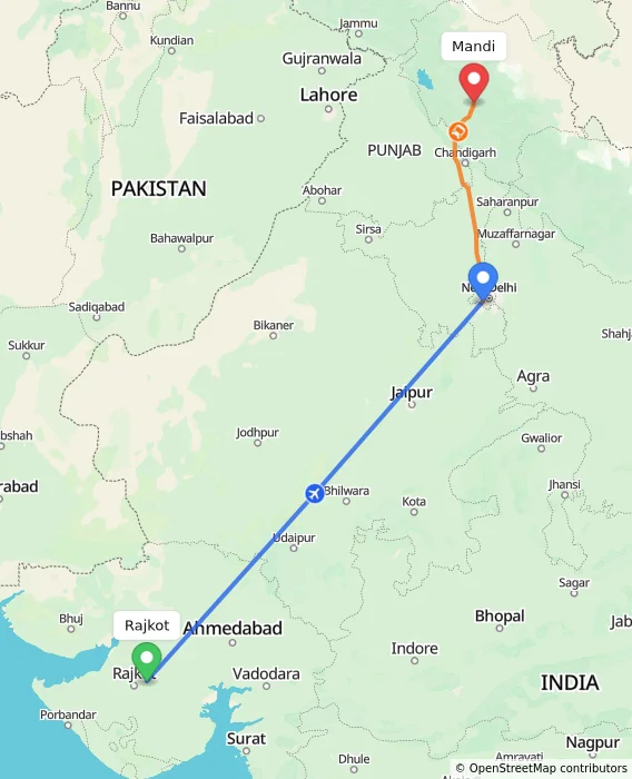 Route map showing distance and travel time from Rajkot, India to Mandi, India