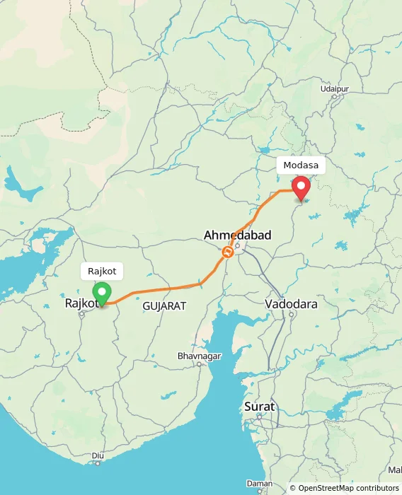 Route map showing distance and travel time from Rajkot, India to Modasa, India