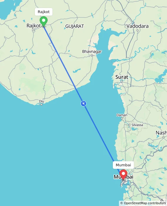 Route map showing distance and travel time from Rajkot, India to Mumbai, India