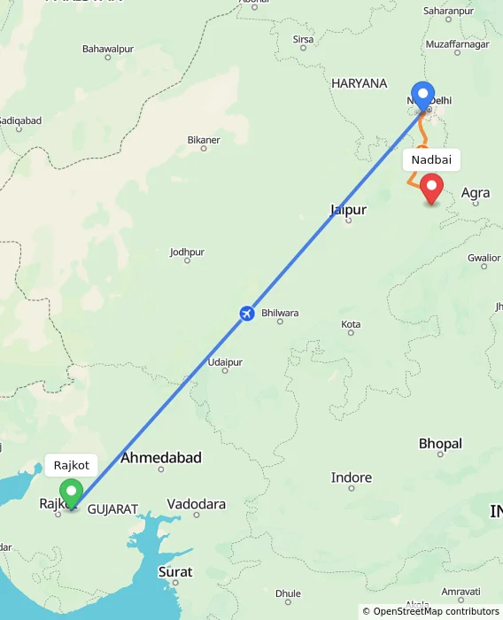 Route map showing distance and travel time from Rajkot, India to Nadbai, India