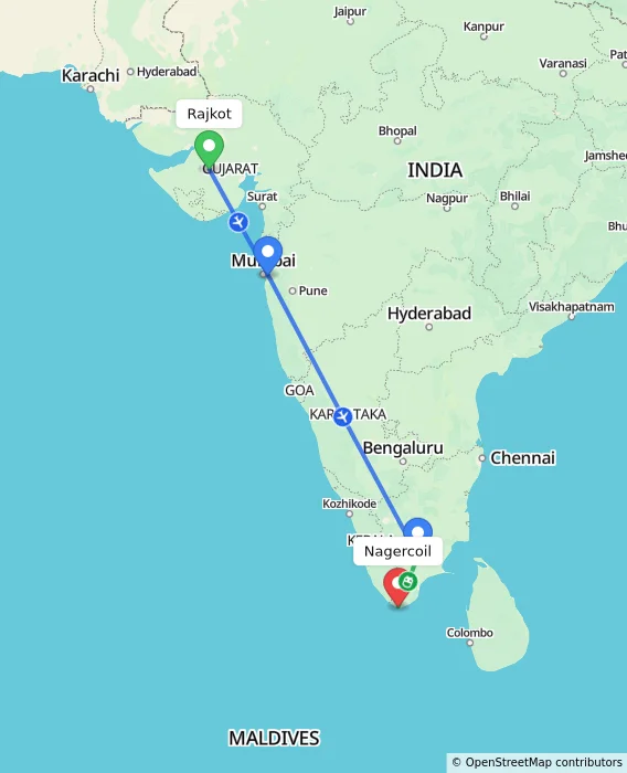 Route map showing distance and travel time from Rajkot, India to Nagercoil, India