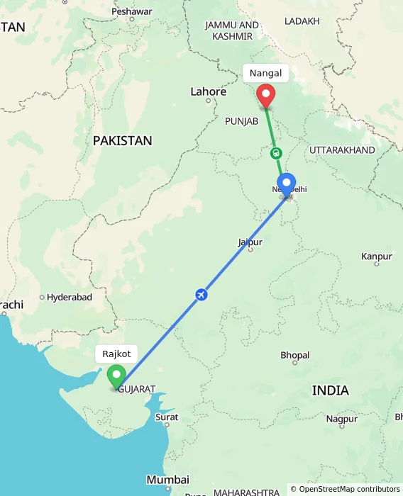 Route map showing distance and travel time from Rajkot, India to Nangal, India