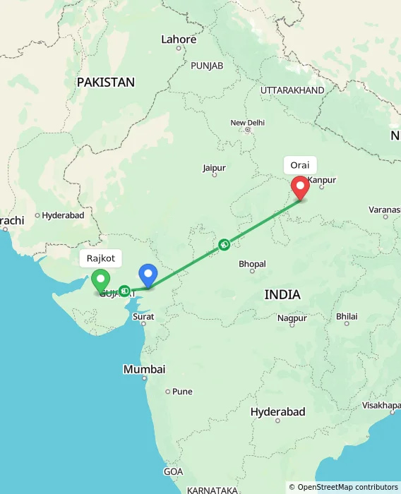 Route map showing distance and travel time from Rajkot, India to Orai, India