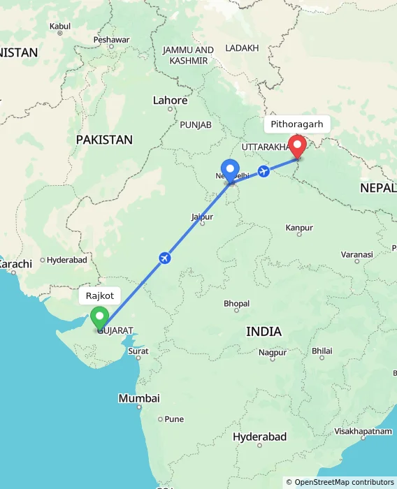 Route map showing distance and travel time from Rajkot, India to Pithoragarh, India